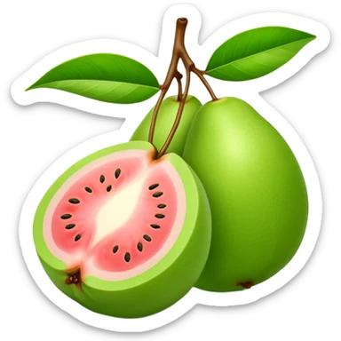 A green guava with a leaf attached sticker