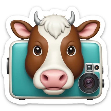 Emoji-style icon of a cow and buffalo with a camera or scan frame, representing image upload for breed detection. Simple, friendly, rounded design, clear at small sizes, teal and white accents, no text, transparent background. sticker