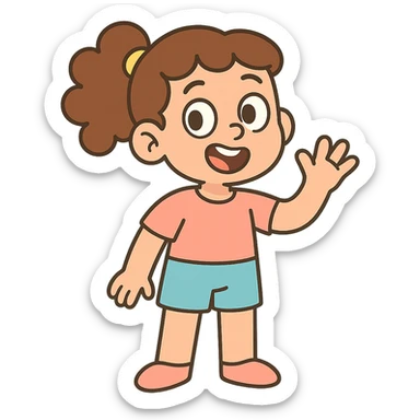 girl with brown curly hair in a ponytail, brown eyes, brown hair, pastel toon style sticker