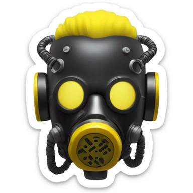 black metal cyborg head with yellow Mohawk and yellow respirator mask sticker