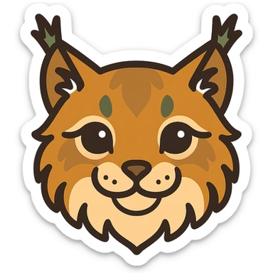 A cute and soft lynx face with big, expressive eyes, designed in a warm and magical color palette: golden orange (FA9B41), forest green (4A7C5C), muted taupe brown (96775A), and pastel peach (FFCC9A). The lynx’s fur is fluffy and soft, with a mix of warm browns and golden highlights. Its ears are tipped with tufts of fur in greenish tones, and its cheeks are gently rounded with subtle peach accents. The eyes are bright and curious, surrounded by soft fur in the warm color palette. The overall look is adorable, serene, and enchanting, evoking a gentle, woodland atmosphere. sticker
