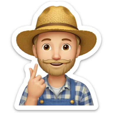 “A single emoji-style character combining 👨‍🌾😄 and 🤔: a smiling farmer man with a straw hat, friendly face, and light beard, holding one hand under his chin in a thinking gesture. His index finger rests under his face, eyes looking slightly upward as if thinking.  sticker