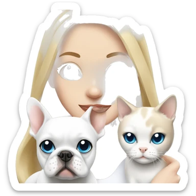 Blonde girl with blue eyes holds White French bulldog and a white cat sitting together sticker