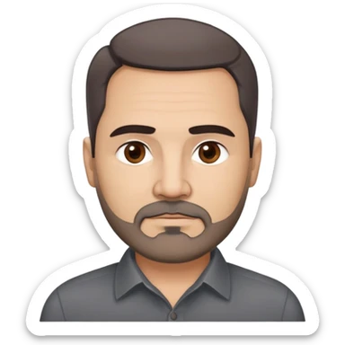 Hispanic man, 57 years old with light complexion. Round face with defined jawline. Expressive dark brown eyes, thick straight eyebrows. Short brown hair, slightly styled. Full brown beard with minimal gray. Professional appearance. Wearing a dark collared shirt. sticker