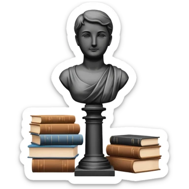 Minimalistic flat vector icon, iOS style, thin black contour on white background. Bust statue on a small pedestal next to a stack of books, symbolizing classic literature. Clean, no text, no shadows sticker