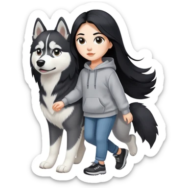 A girl with long black hair wearing a sweatshirt walks a black and white husky sticker