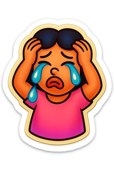  laughing with Tears rolling down face 
Mouth Pout
hands on head 
pink shirt 
head down
 sticker