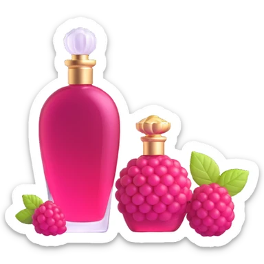 AVON women's perfume bottle next to a raspberry-shaped bottle sticker