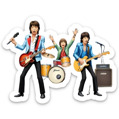 Icon for Rock Music: The Rolling Stones live on stage with Mick Jagger performing vocals, Keith Richards playing guitar, and Charlie Watts on drums. Iconic stage lights, electric guitars, and energetic crowd. Transparent background. sticker