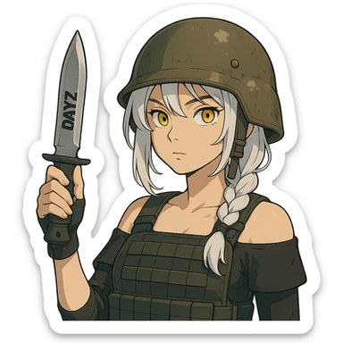  a closeup portrait of young woman with gold yellow eyes, white hair, long braid, black off-shoulder top d-cup, punk gothic style, futuristic cyberwave cyberpunk,  she has a plate carrier armor vest , and a old-style steel bulletproof combat helmet.  holding up a DAYZ combat knife sticker