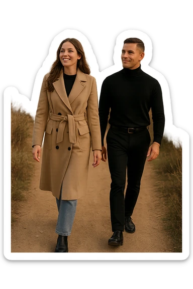 a man and a woman walk together along a winding path in a natural landscape. In one version, the woman leads confidently while the man follows a few steps behind, looking at lei con ammirazione. In un’altra versione, i ruoli sono invertiti, con l’uomo che guida e la donna che lo segue sorridendo. La scena trasmette l’idea che entrambi possano guidare o seguire, a seconda del momento. sticker