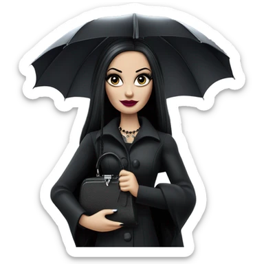 Parisienne Pretty Barbie Morticia Addams at a rainy funeral holding umbrella, accessories gloves carrying small purse  sticker