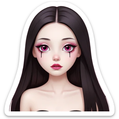 girl with white skin, dark brown long realistic straight hair with middle part prominently falling in front of her body over her shoulders, lips with reddish-pink shiny lip gloss and absolutely no cupid's bow, big round eyes with very black shiny eyeballs and long eyelashes, light pink blush on cheeks, no eyeshadow, lighter button nose, exceptionally elongated very long oval-shaped face, wearing a pink off-shoulder top, looking directly at camera with hands down at sides sticker