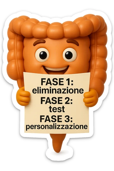 emoji stile iphone 3d di un intestino che tiene in mano un foglio con la scritta "FASE 1: eliminazione, FASE 2: test, FASE 3: personalizzazione, IPERREALISTICO 4K sticker
