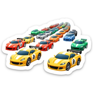 grandstands filled with cheering crowds, checkered flags waving, and traffic lights signaling the start, with a thrilling atmosphere of anticipation and speed. Sporty cars and motorcycles lined up at the starting line, ready to race, with a vibrant racetrack in the background. sticker