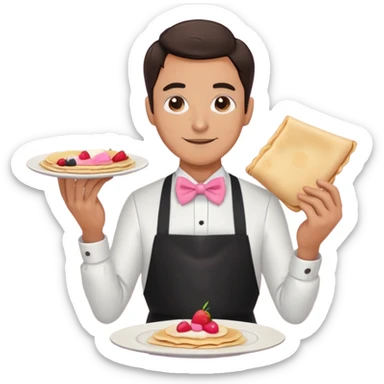 a man with a black apron and a pink bowtie doing crepes in a Cart  sticker