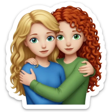 A girl with straight long blonde hair and blue eyes hugging a girl with red curly hair and green blue eyes sticker