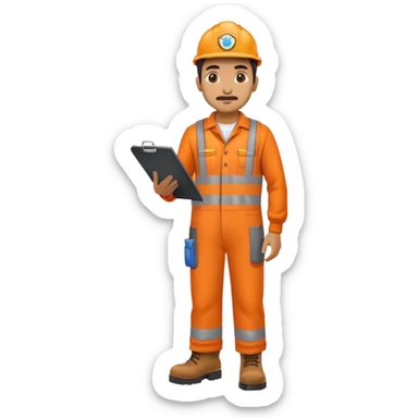 Indian male railway engineer orange overalls, boots holding a clipboard sticker