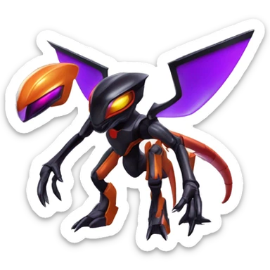 a shiny metallic black-purple-red-orange Genesect-Flygon-Raptor-Fakémon-Medabot-hybrid with a futuristic visor-helmet full body sticker