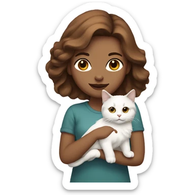 woman with brown hair holding a white Siberian cat sticker