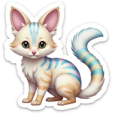  cute adorable whitish albino fur with random colorful iridescence-gradients markings beautiful elegant pretty precious cute  Fakémon-Pokémon-alien-opossum-feline-serval-caracal-chinchilla-Minccino-hybrid-creature with a big fluffy bushy striped tail (full body) sticker