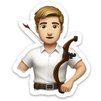 a male, aiming with a bow, facing  his target, eyes closed, wearing a white shirt, very short brown hair, bright skin, only show upper part of the body from waist up sticker