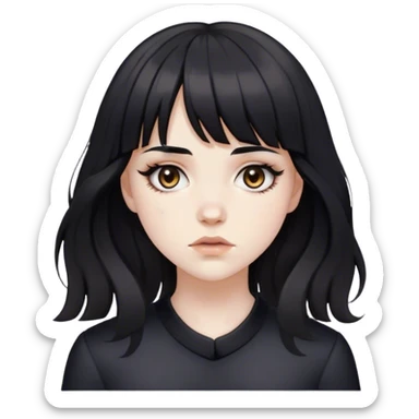 a pale white girl bruised feminine with medium length wavy black hair and bangs with big light brown eyes looking like a porcelain doll with black clothes sticker
