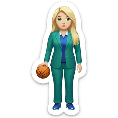 Full Body white plus size female basketball head coach with long blonde hair in a blue and green suit sticker