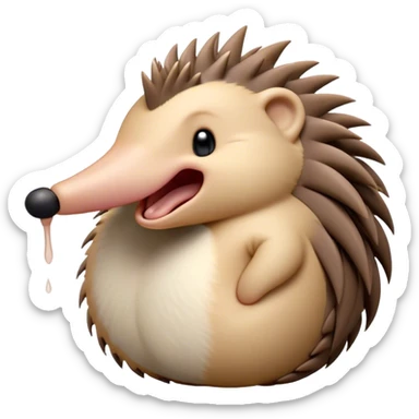 Cinematic Cute Yawning Echidna Portrait Emoji, Head tilted slightly with a dramatic, wide-open yawn, showcasing a soft, downy spiky fur with a slightly drooping snout and small, drowsy eyes, Simplified yet irresistibly adorable features, highly detailed, glowing with a soft, cozy glow, high shine, relaxed yet expressive, stylized with a touch of prickly whimsy, bright and endearing, soft glowing outline, capturing the essence of a sleepy yet affectionate echidna, so drowsy it feels like it could curl up out of the screen for a nap! sticker