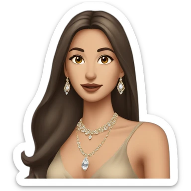 beautiful brunette arabian girl with smooth skin long hair beige lipstick wearing low neck dress with a diamond necklace sticker