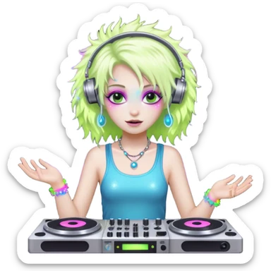  hard-techno-rave-fairy,-holding-a-dj-turntable,-wild-hair,-neon-sparkles,-minimal-background sticker
