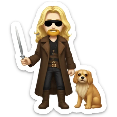 A young blonde man with long hair and long beard, left red eye and a black right eyepatch holding a golden awl and earing a brown animal coat sticker