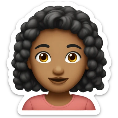 uma menina dos olhos pretos redondos e um pouco grandes e com pouquinha olheira, cabelos médios liso preto, lábios um pouco finos, blusa bege até o pescoço, sorriso quadrado sticker