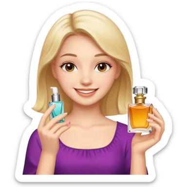 pretty girl holding parfume with smile sticker