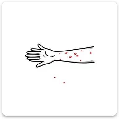 Detailed drawing of arm showing allergy skin prick test on forearm with small red welts, hand with all 5 fingers visible sticker