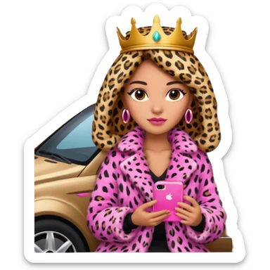 a queen Arina in a leopard fur and pink iPhone on her mercedes sticker