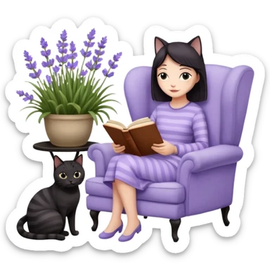 moji illustration, full body woman reading a book on a cozy armchair in a lavender garden, two separate cats next to her (one solid black cat, one brown tabby cat with stripes), small side table with coffee mug, soft peaceful vibe sticker