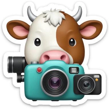 Emoji-style icon showing a cow and buffalo with a camera and image-upload symbol, representing taking a photo or selecting a file for breed detection. Simple, friendly, rounded design, clear at small sizes, teal and white accents, no text, transparent background. sticker