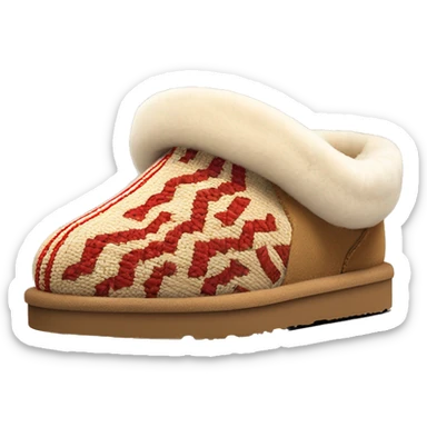 Ugg Camel slip-on slippers. A thin red zig-zag woven line only circling on ankles, VERY chunky platform sole. sticker
