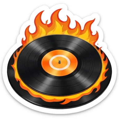 a black vinyl record on fire with a white center sticker sticker