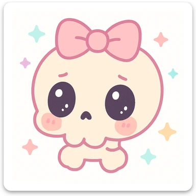 a shy skull with a pink bow, kawaii style, cute and sweet, pastel colors, big eyes, blushing cheeks sticker
