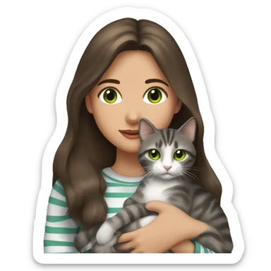 Brunette girl with green eyes, holding a gray, striped, brown-eyed cat in her arms sticker