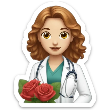 White doctor girl, chestnut hair, hazel eyes, with a bouquet of roses sticker