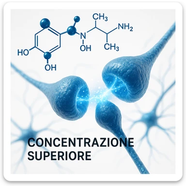 Citicolina che stimola la concentrazione, iper realistico, molecola blu che attraversa sinapsi luminose, scritta 'Concentrazione superiore', atmosfera scientifica, sfondo bianco sticker