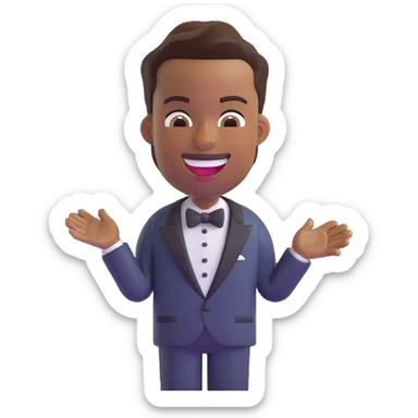 3D emoji of Chris Rock, laughing, short hair, brown skin, wearing a tuxedo, Microsoft 3D Fluent emojis style sticker