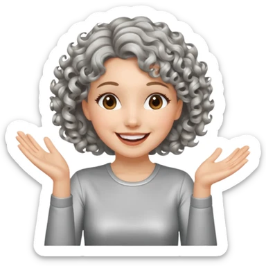 silver, short, wavy-haired with curls, smiling/excited pretty lady, silver top, clapping hands

 sticker