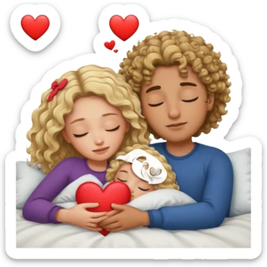 cuddling in bed, asleep. wavy haired blonde girl. man with curly,  dark brown hair. eyes closed. heart between them. no headboard sticker