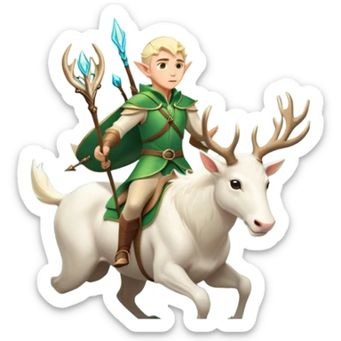 clash-of-clans-aesthetic-blond-male elf-archer-portrait-emoji, rendered in a flat, vector-style with minimal shading and bold, simplified shapes, head tilted slightly forward with a determined, focused expression, riding a majestic white stag whose antlers glow with mystical energy, set against an ancient, enchanted forest backdrop. sticker