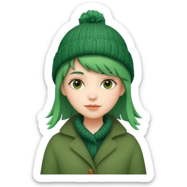Girl with green hair wearing winter coat and a woolen hat with a relaxed posture and friendly face sticker