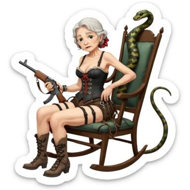 cinematic realistic ultra HD very old and tired Tori Amos casually crouches on a rocking chair in a torn corset, holding a double-barreled rifle and with muddy feet. a big snake wrapped itself around the chair sticker